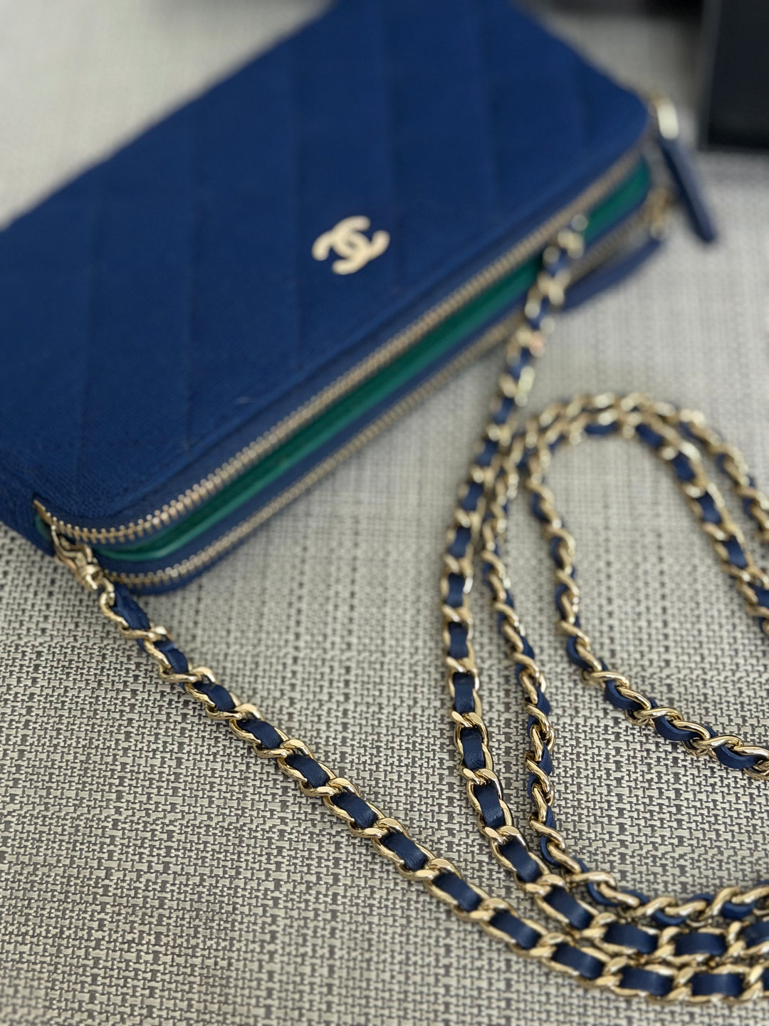 CHANEL series 28 Blue Jersey With Green Fabric Lining O Diver Wallet on Chain Phone Holder LGHW