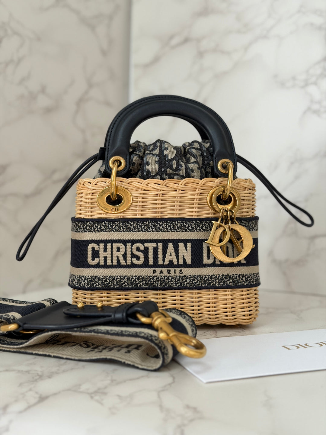 DIOR Lady Dior Wicker Bag Oblique Canvas in Black and Cream size Mini
