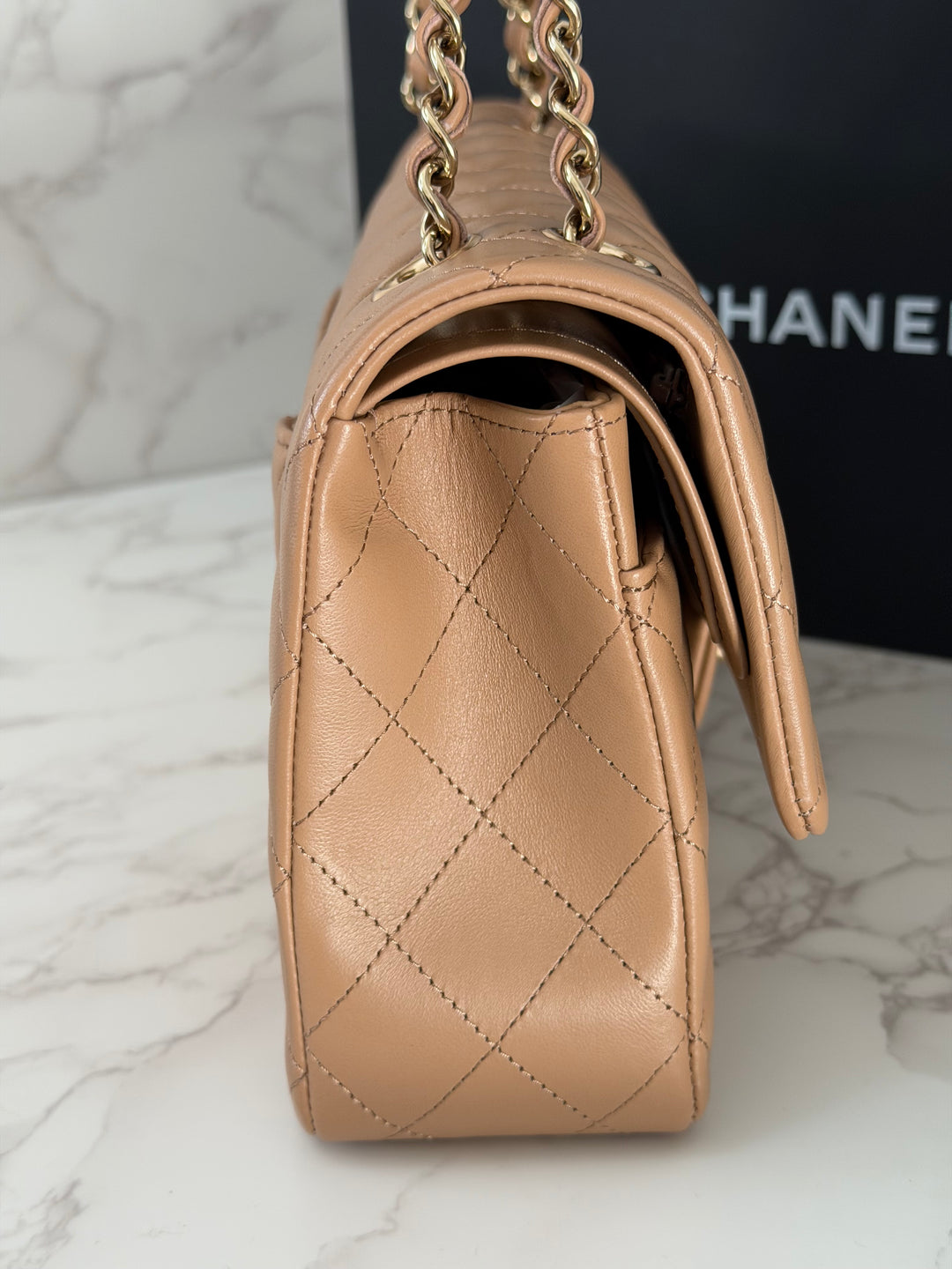 CHANEL 22K 2022 Dark Beige Lambskin LGHW Medium ML Timeless Classic Double Flap Bag