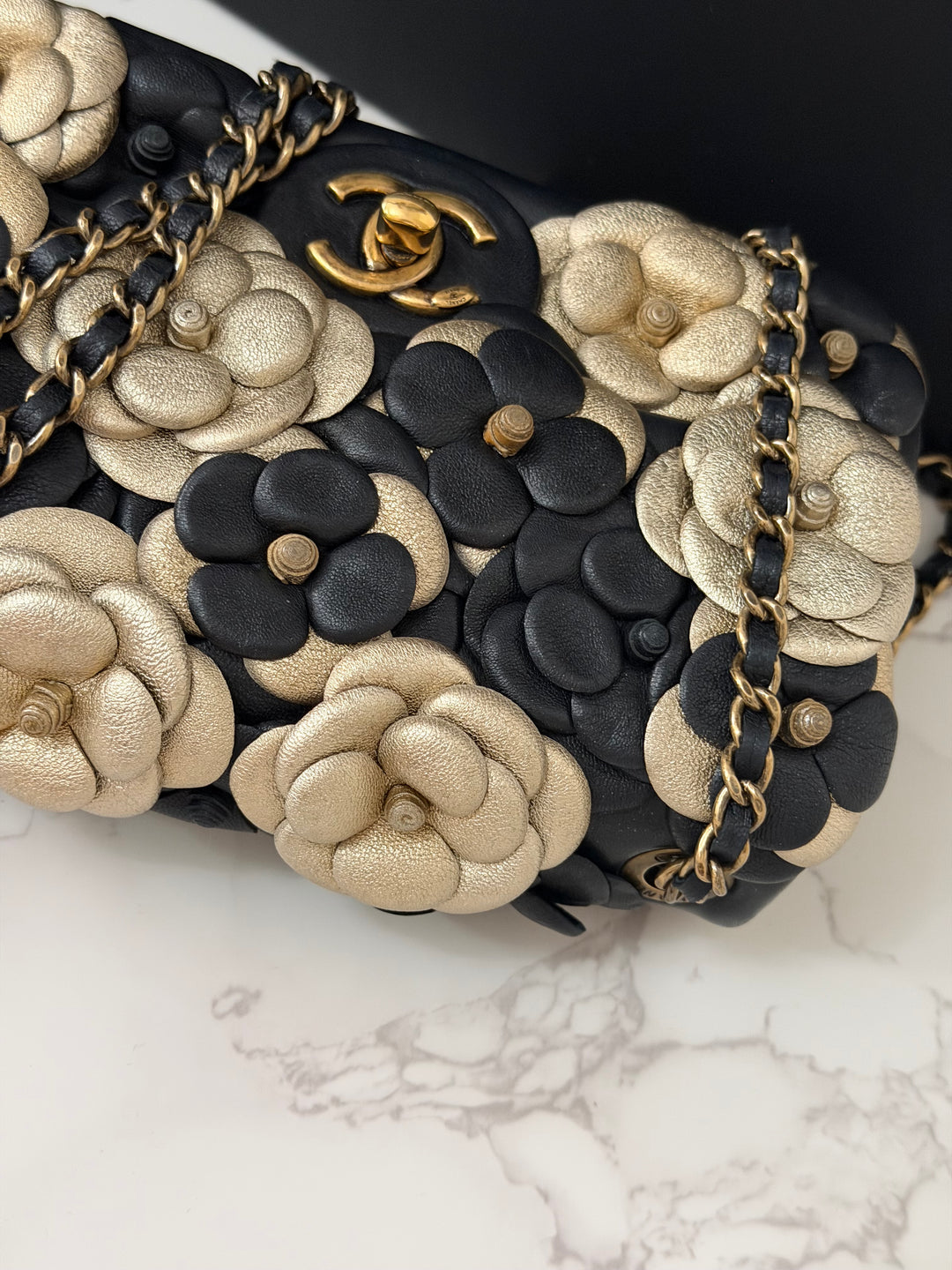 CHANEL series 21 Black Metallic Gold Camellia Flower Lambskin Mini Rectangular Flap Bag with Vintage GHW