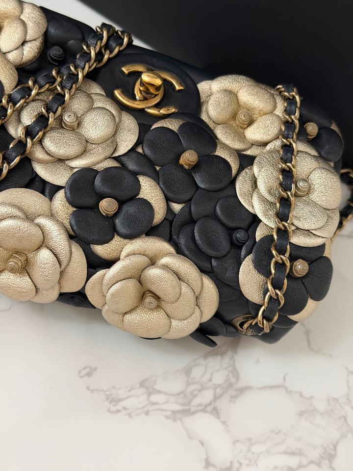 CHANEL series 21 Black Metallic Gold Camellia Flower Lambskin Mini Rectangular Flap Bag with Vintage GHW