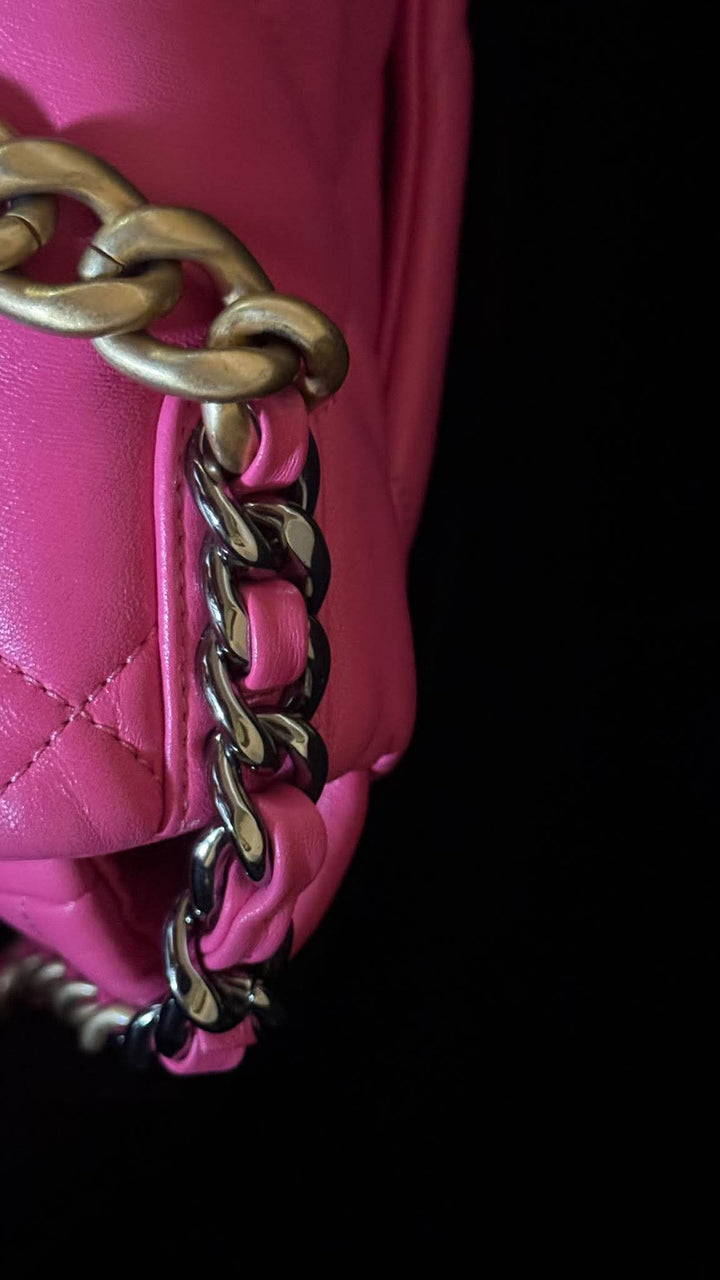 CHANEL 19 size Small in Hot Pink Lambskin Mixed Hardware Flap Bag Microchipped