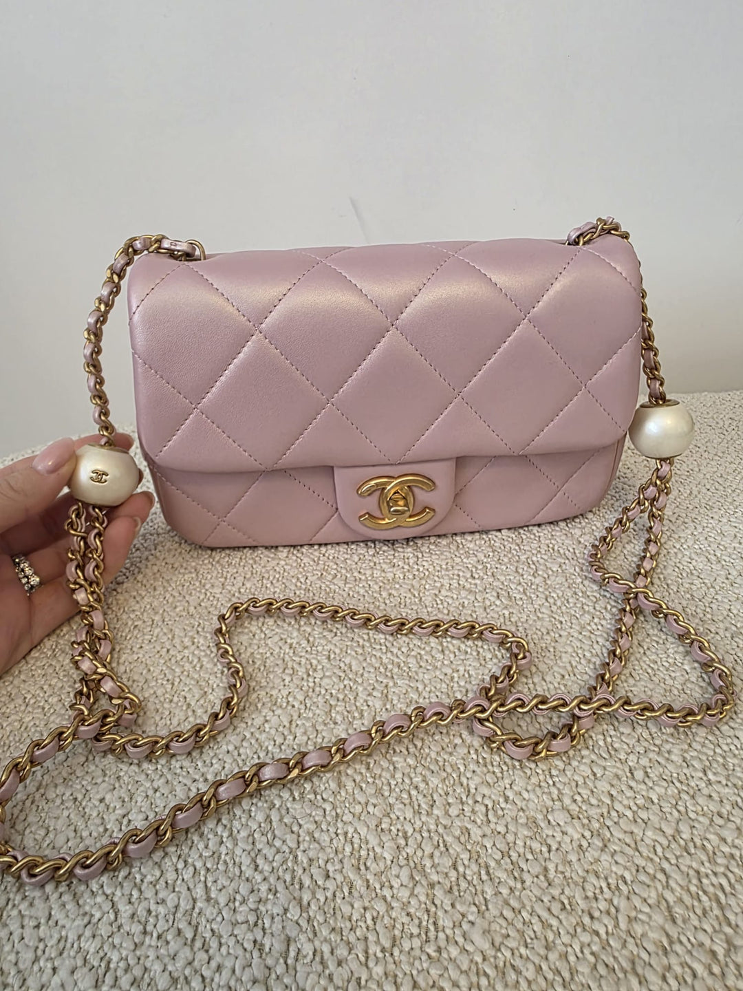 CHANEL 23S Adjustable Pearl Mini (8.25 inches) Rectangular Flap Bag with Pink Lambskin Aged GHW