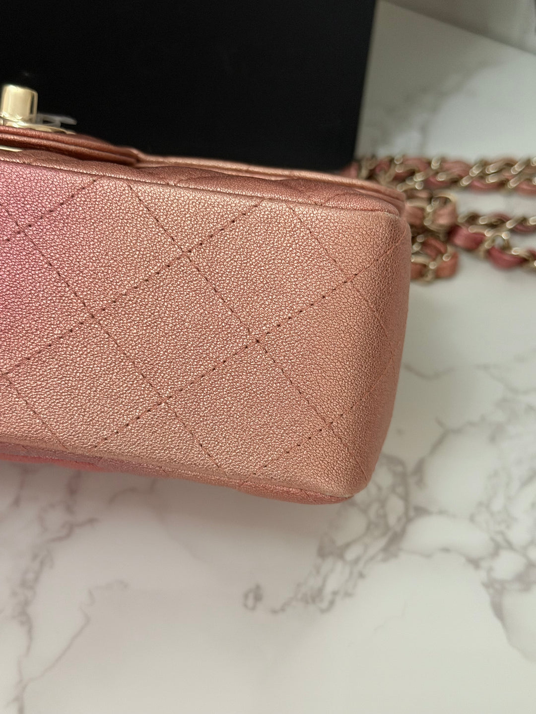 CHANEL 21S Ombré Rose Gold Metallic Copper Lambskin LGHW Mini Rectangular Flap Bag 2021