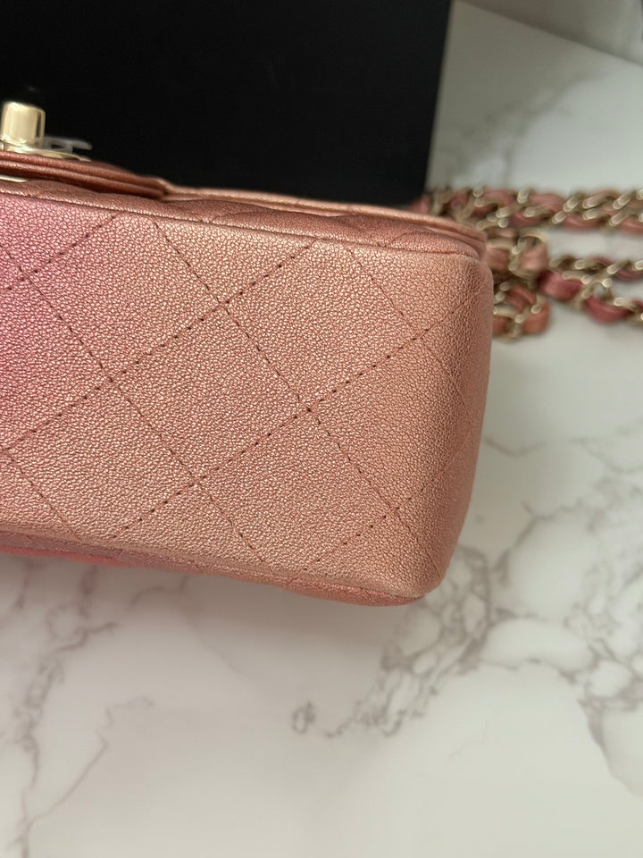CHANEL 21S Ombré Rose Gold Metallic Copper Lambskin LGHW Mini Rectangular Flap Bag 2021