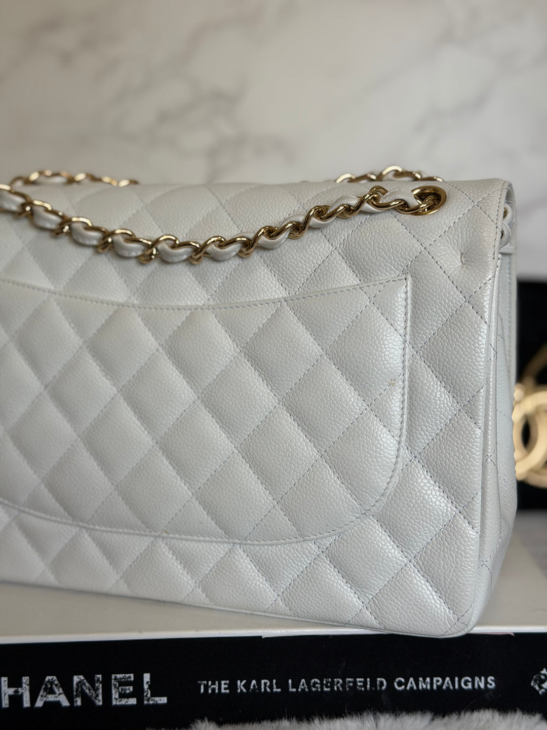 CHANEL White Caviar GHW Jumbo Double Flap Classic Bag 2010