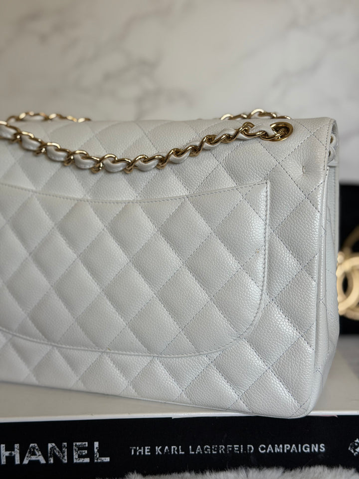 CHANEL White Caviar GHW Jumbo Double Flap Classic Bag 2010