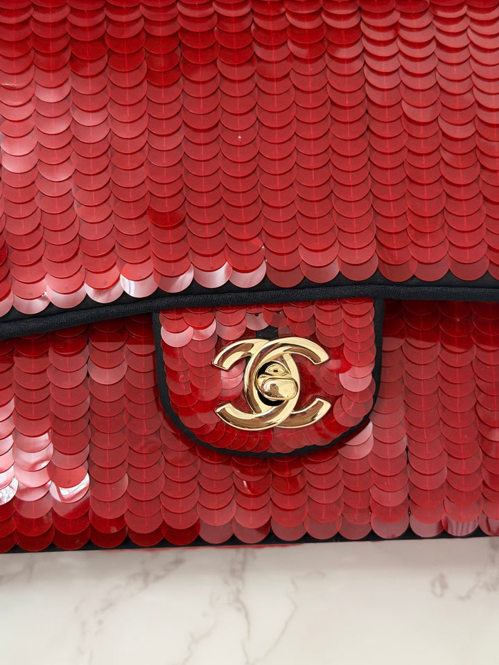CHANEL series 13 2010 Red Sequin and Black Satin Paris-Shanghai Medium Flap Bag Gold Hardware
