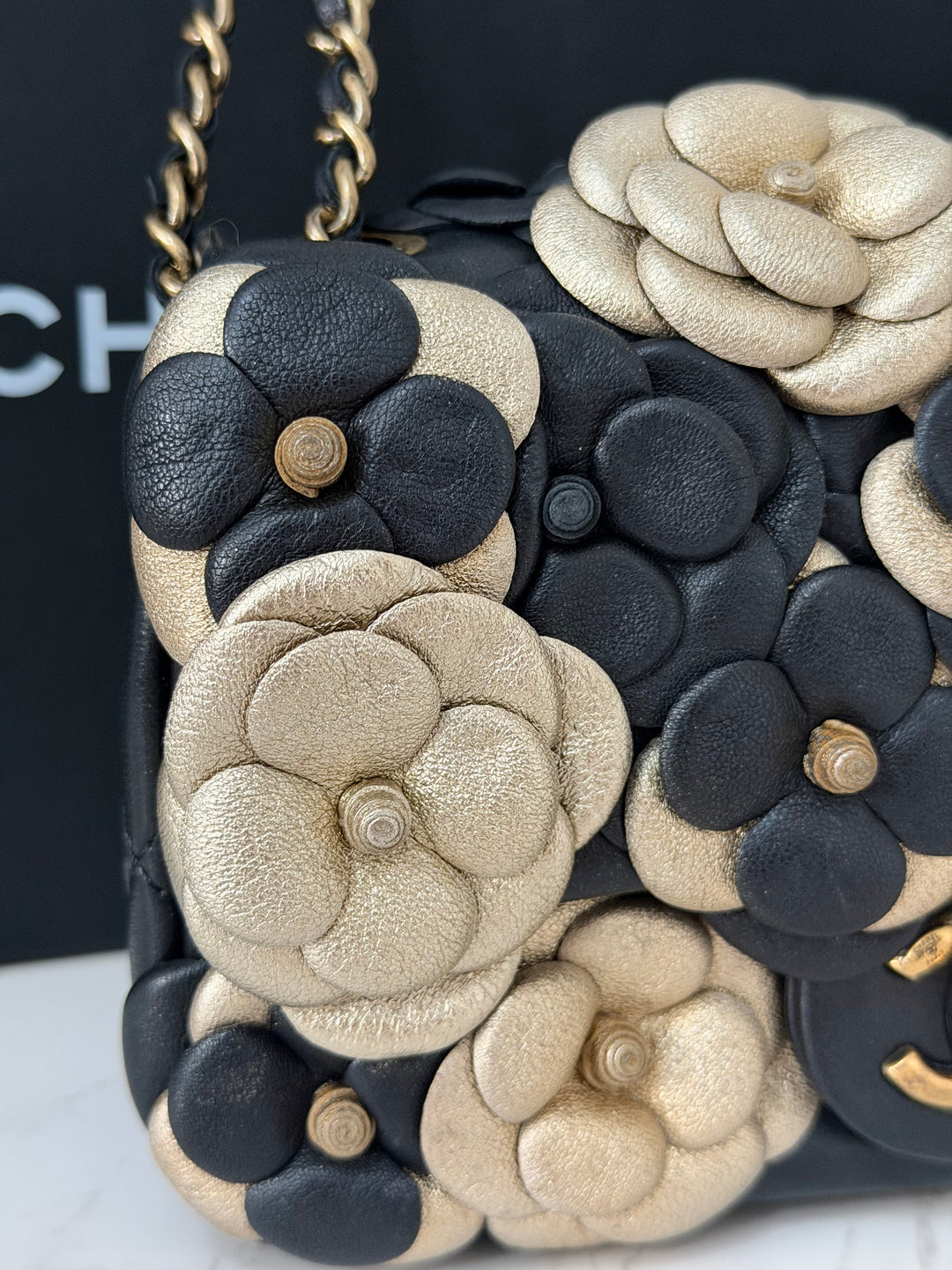 CHANEL series 21 Black Metallic Gold Camellia Flower Lambskin Mini Rectangular Flap Bag with Vintage GHW