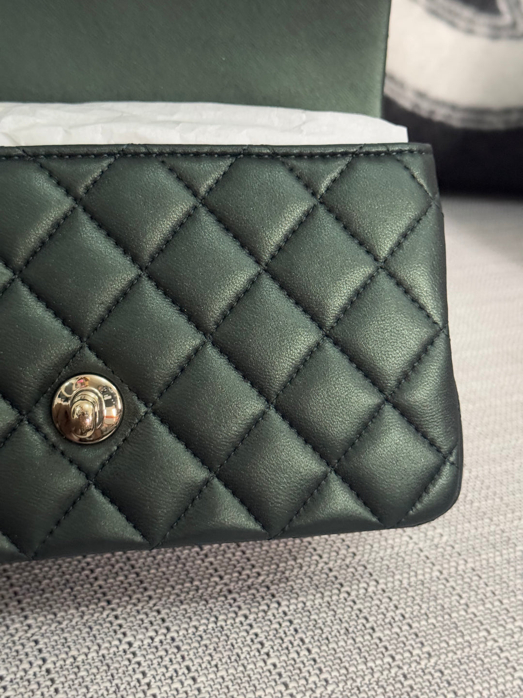 Chanel Iridescent Dark Green Lambskin Mini Rectangular Flap Bag with Top Handle and Champagne GHW