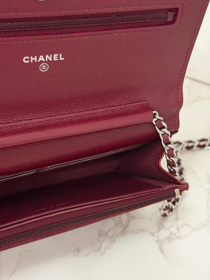 CHANEL 2024 Burgundy Caviar SHW Classic Wallet on chain (WOC) with crystal CC Logo