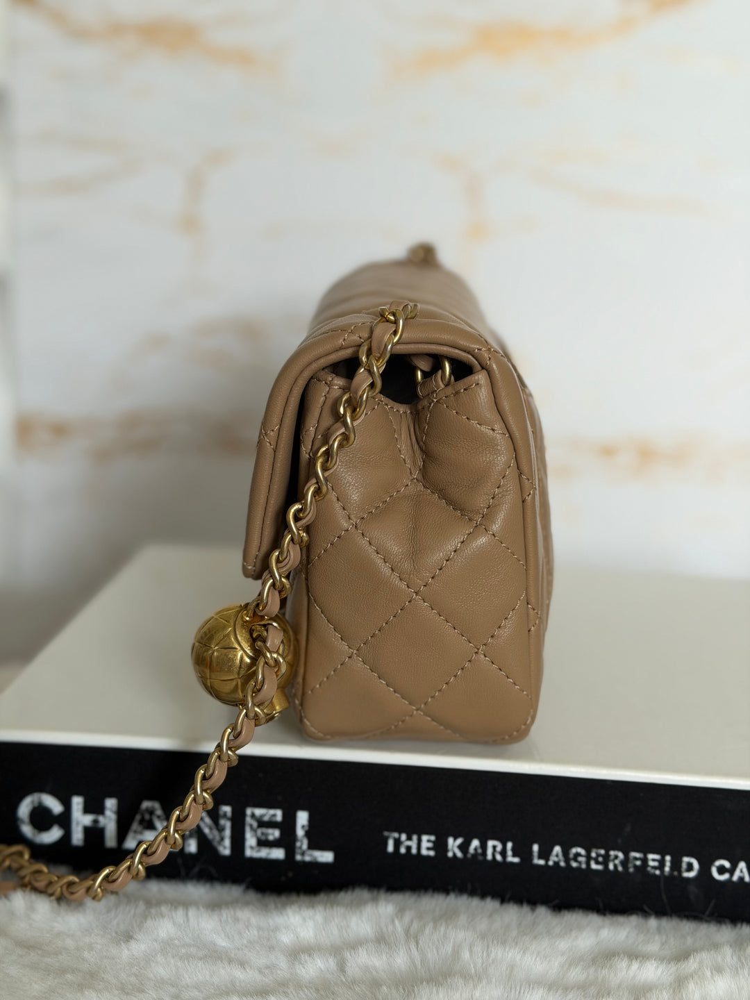 CHANEL 22B Taupe Dark Beige Lambskin Aged GHW Pearl Crush Adjustable Chain Mini Rectangular Flap Bag 2022