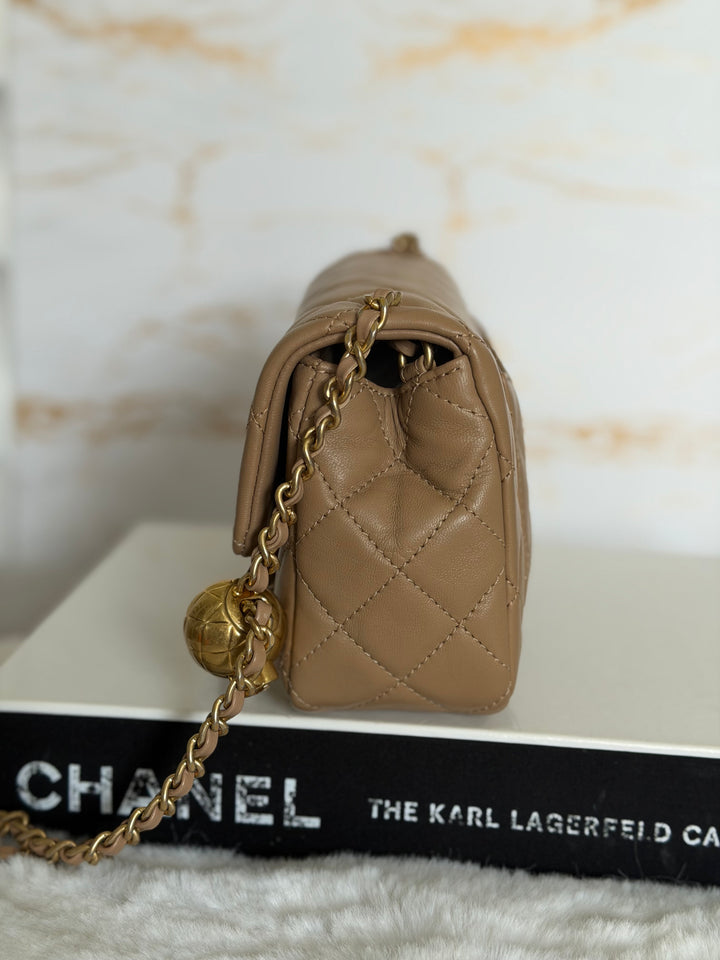 CHANEL 22B Taupe Dark Beige Lambskin Aged GHW Pearl Crush Adjustable Chain Mini Rectangular Flap Bag 2022