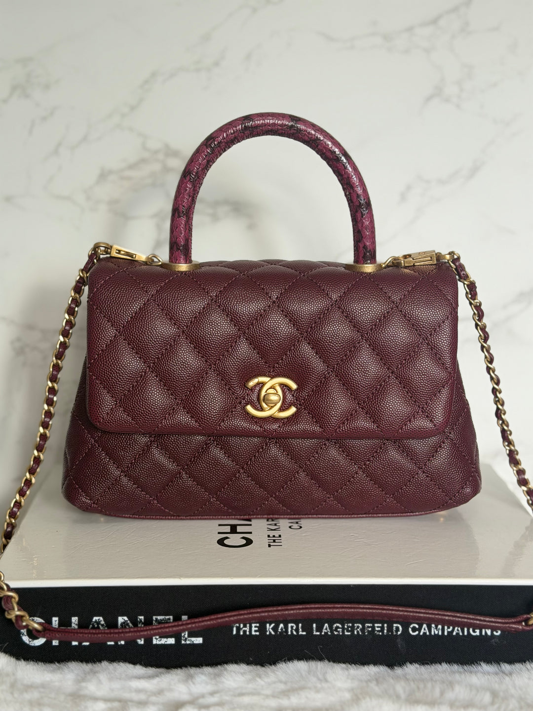 CHANEL series 26 Burgundy Caviar Aged GHW Coco Handle Flap Bag size SMALL with Pink sea snake handle 2018