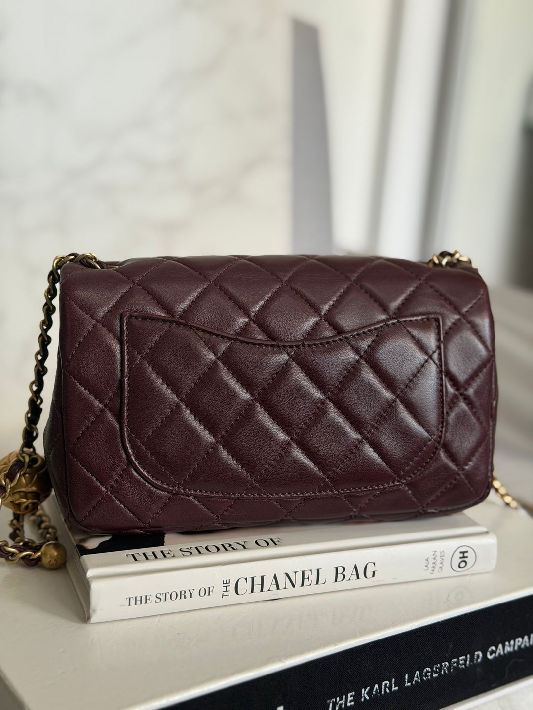 CHANEL 21B Burgundy Lambskin Aged GHW Pearl Crush Mini Rectangular Flap Bag 2021