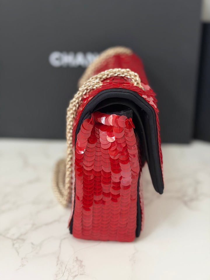 CHANEL series 13 2010 Red Sequin and Black Satin Paris-Shanghai Medium Flap Bag Gold Hardware