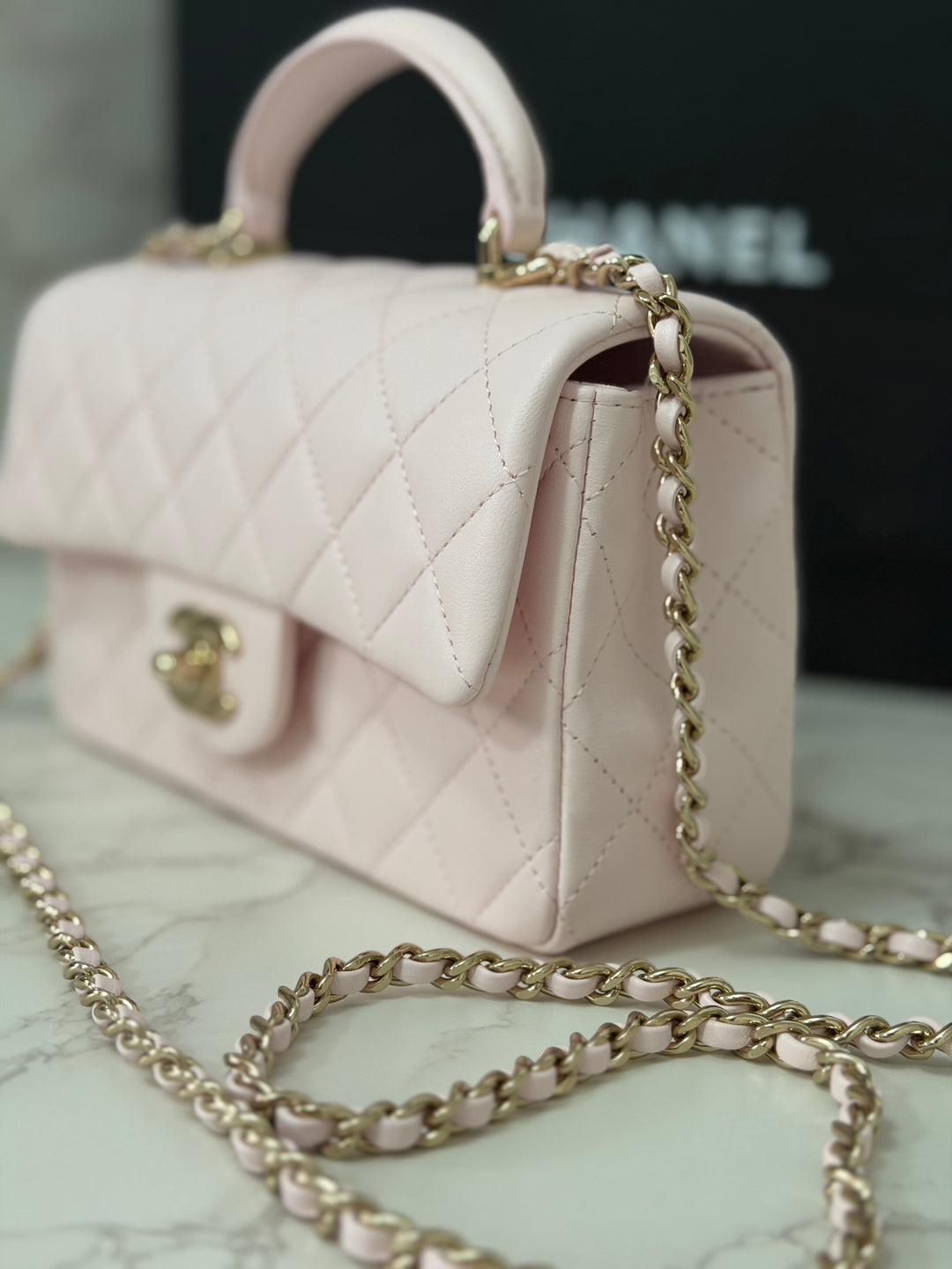 CHANEL 22P 2022 Sakura Light Pink Lambskin LGHW Mini Rectangular Flap Bag with Top Handle
