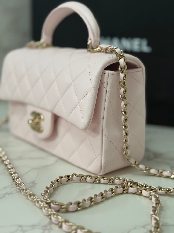 CHANEL 22P 2022 Sakura Light Pink Lambskin LGHW Mini Rectangular Flap Bag with Top Handle