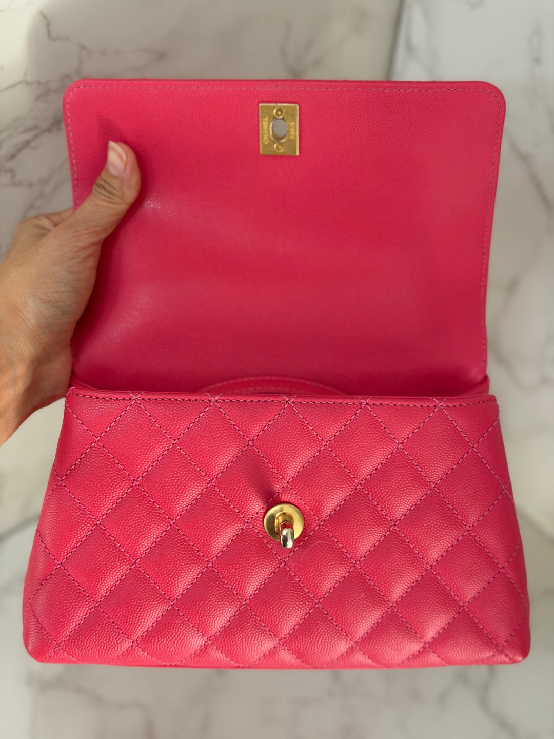 Chanel 23P Collection 2023 Dark Pink Caviar Aged GHW Coco Handle with Detachable Strap and enchained handle size Small