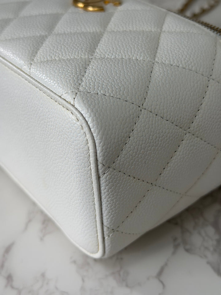 CHANEL 22S Collection 2022 Pick Me Up White Caviar Small Vanity Case with Metal Top Handle GHW
