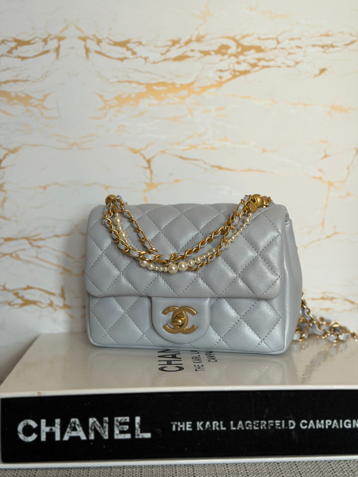 CHANEL Pearl Twist Pearly Light Blue Lambskin Mini Flap Bag 2023