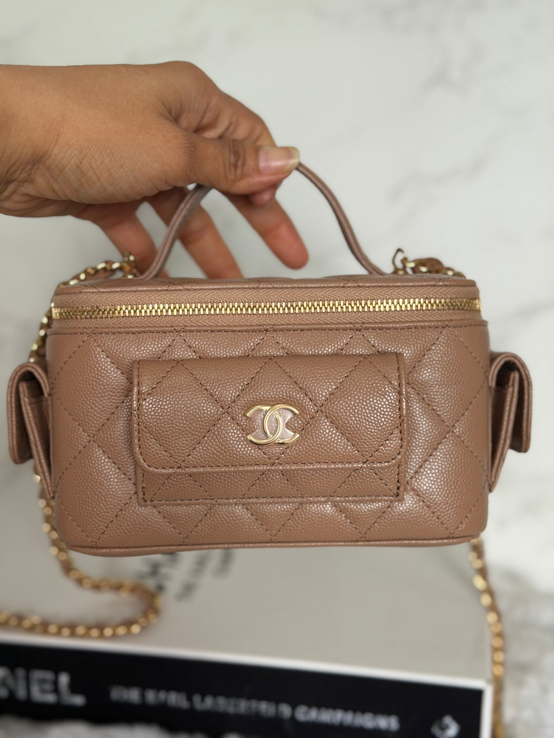 CHANEL Dark Beige Caviar Cargo Polly Pocket Vanity Case with Top Handle GHW 2023