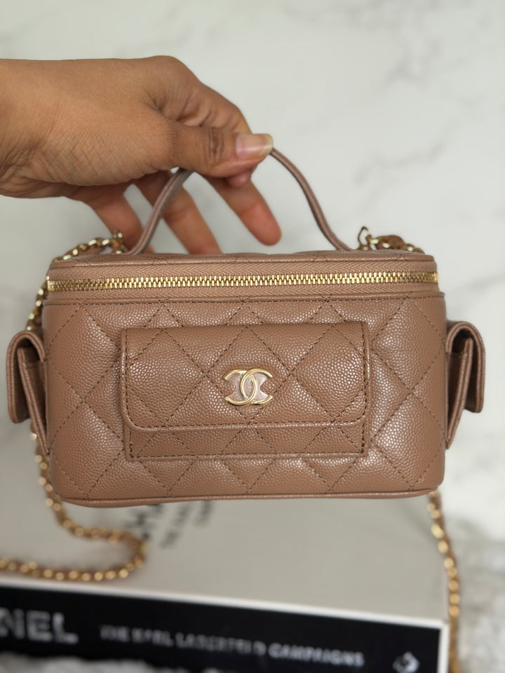 CHANEL Dark Beige Caviar Cargo Polly Pocket Vanity Case with Top Handle GHW 2023