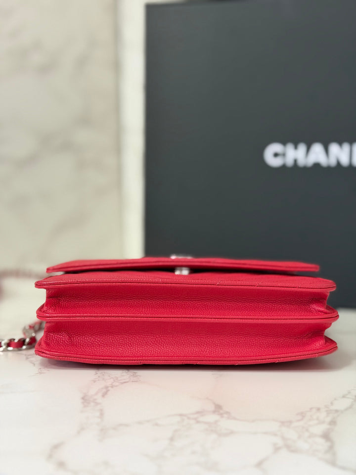 CHANEL series 25 2018 Dark pink chevron caviar SHW Square Wallet On Chain (WOC)
