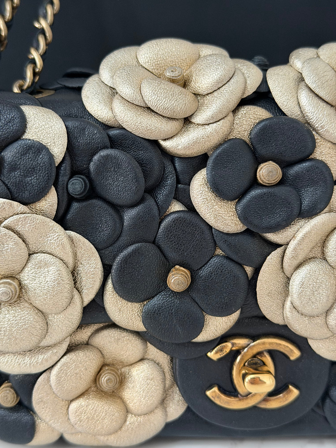 CHANEL series 21 Black Metallic Gold Camellia Flower Lambskin Mini Rectangular Flap Bag with Vintage GHW