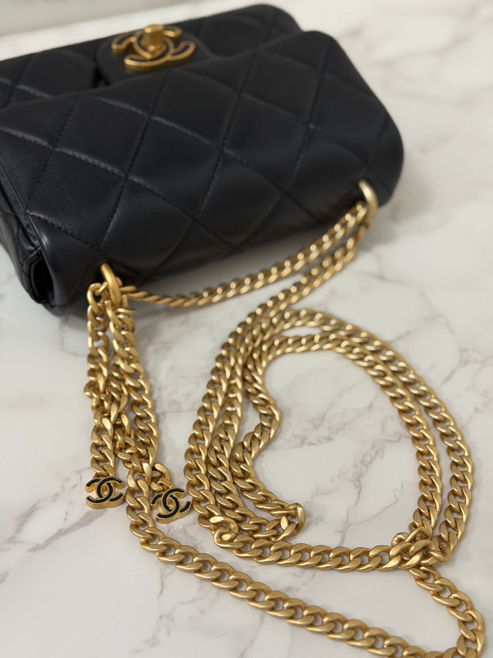 CHANEL Resin CC Black Lambskin Aged GHW Seasonal Flap Bag 2023