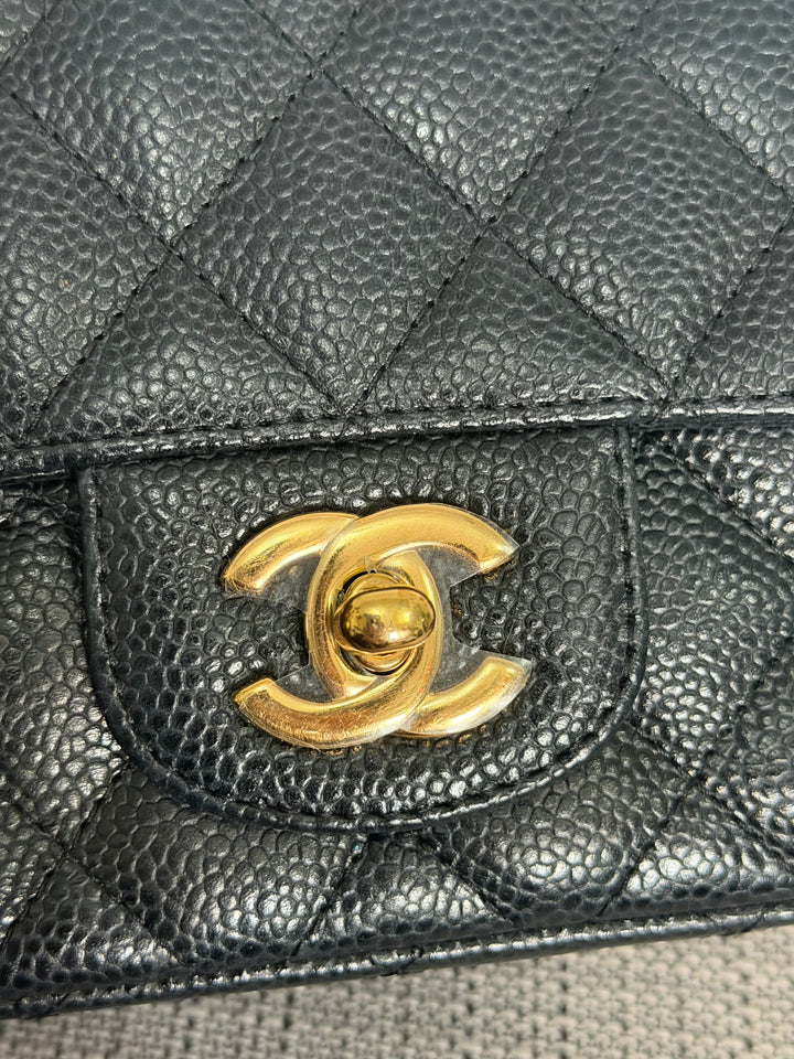 CHANEL series 13 Black Caviar GHW Vintage Square Mini Flap Bag with Edge stitching