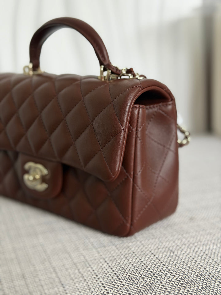 CHANEL 25K collection 2025 Brown Lambskin LGHW Mini Rectangular Flap Bag with Leather Top Handle