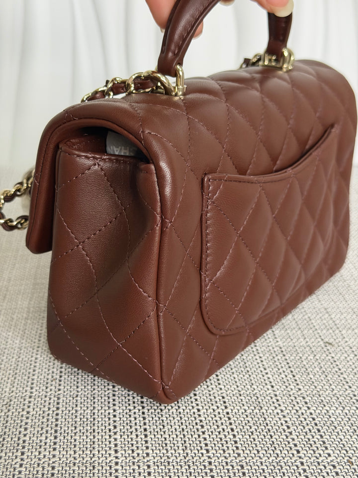 CHANEL 25K collection 2025 Brown Lambskin LGHW Mini Rectangular Flap Bag with Leather Top Handle