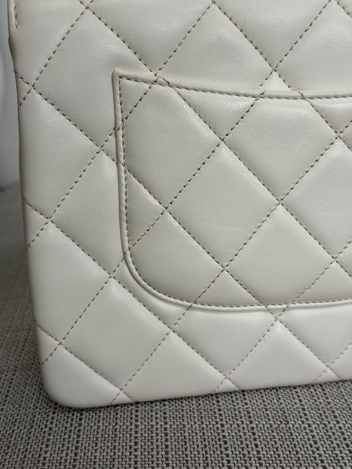 CHANEL 23S collection 2023 White Lambskin LGHW Trendy CC Flap Bag size Small with raised CHANEL Engraved Plate Top Handle