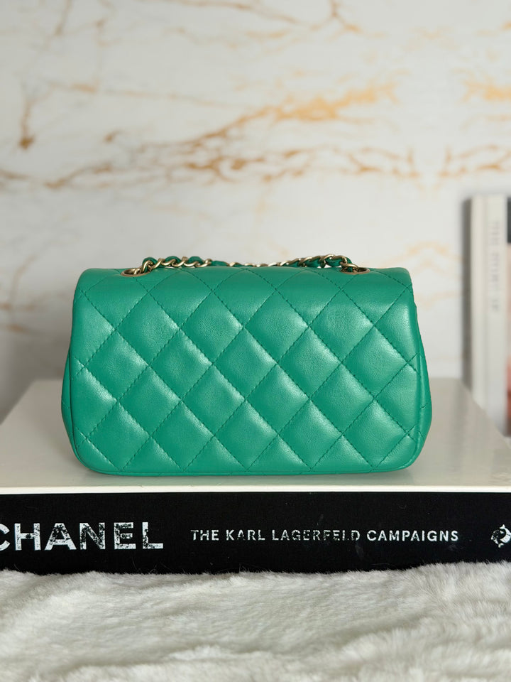 CHANEL series 21 Green Lambskin Brushed GHW Extra Mini Flap Bag 7.5 inches (discontinued line)