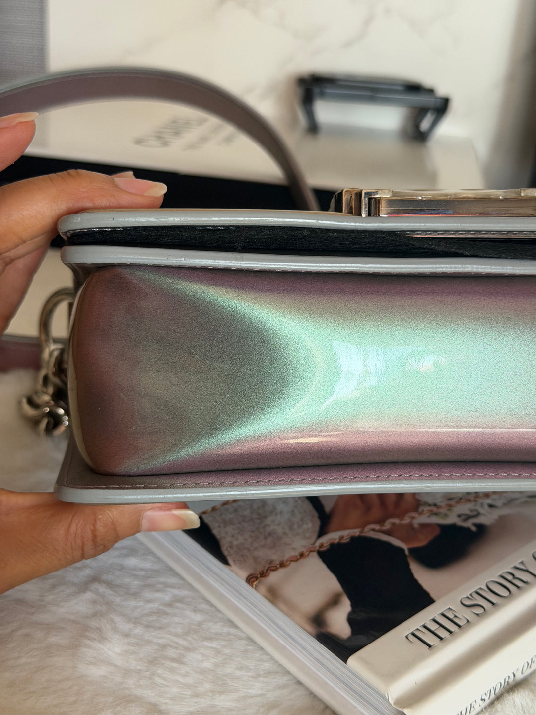 CHANEL 18S Iridescent Patent Calf Skin Purple Blue Mermaid Le Boy Flap Bag size Small