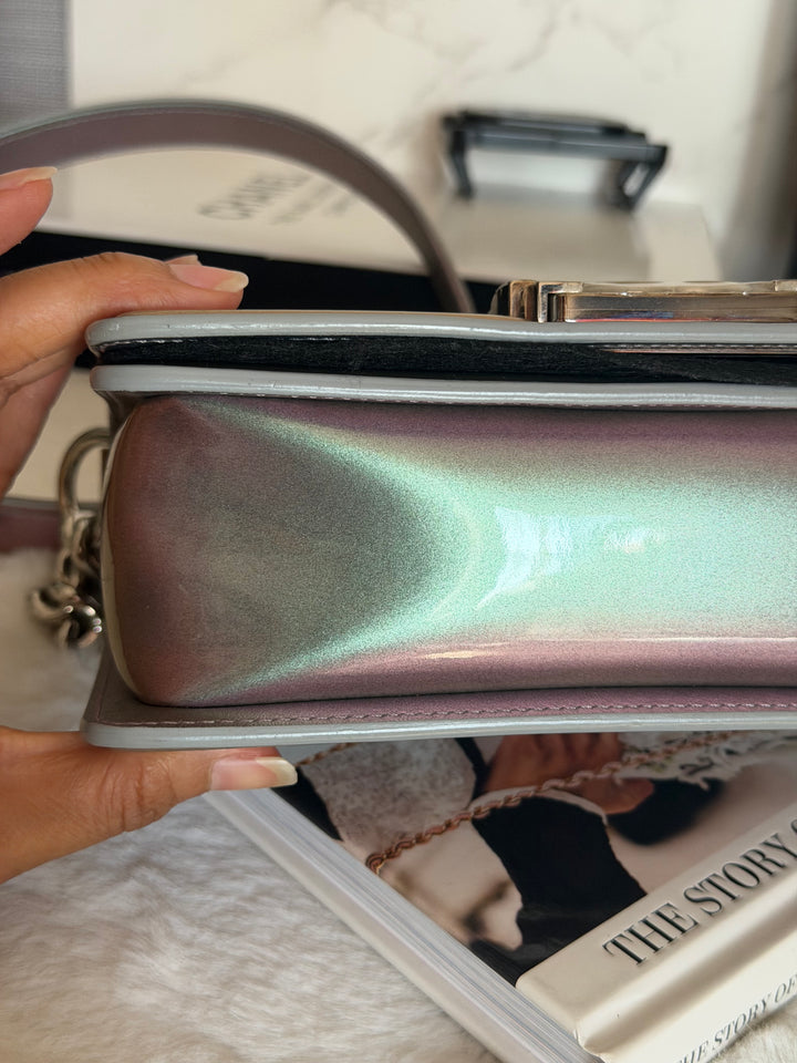 CHANEL 18S Iridescent Patent Calf Skin Purple Blue Mermaid Le Boy Flap Bag size Small