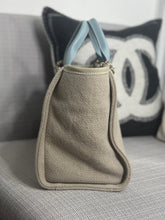 Load image into Gallery viewer, Chanel Beige And Light Blue Mixed Fibres Deauville Tote with Leather Top Handle Size Small
