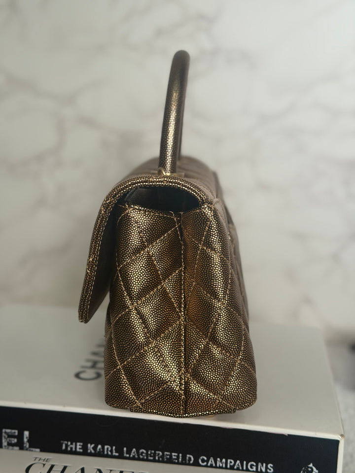 CHANEL series 28 19A Metallic Bronze Gold Caviar Aged GHW Coco Handle Flap Bag size SMALL with detachable shoulder strap 2019