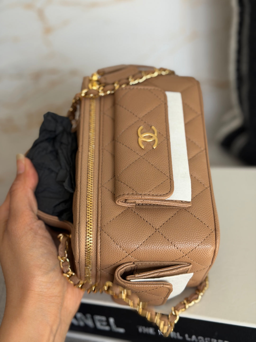CHANEL Dark Beige Caviar Quilted Polly Pockets Cargo Small Vanity Case with Aged GHW 2023
