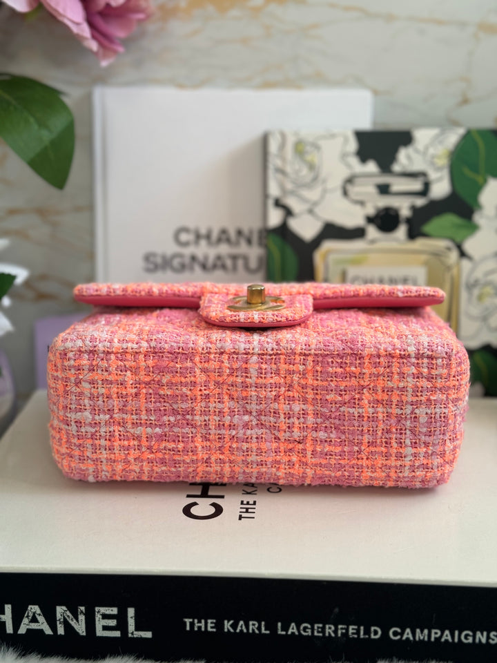 Chanel 24C 2024 Cruise Collection Tweed Pink Orange White Mini Rectangular Flap Bag with Aged GHW