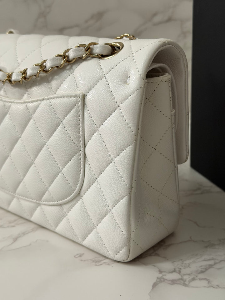 CHANEL 2023 White Caviar LGHW Medium ML Timeless Classic Double Flap Bag