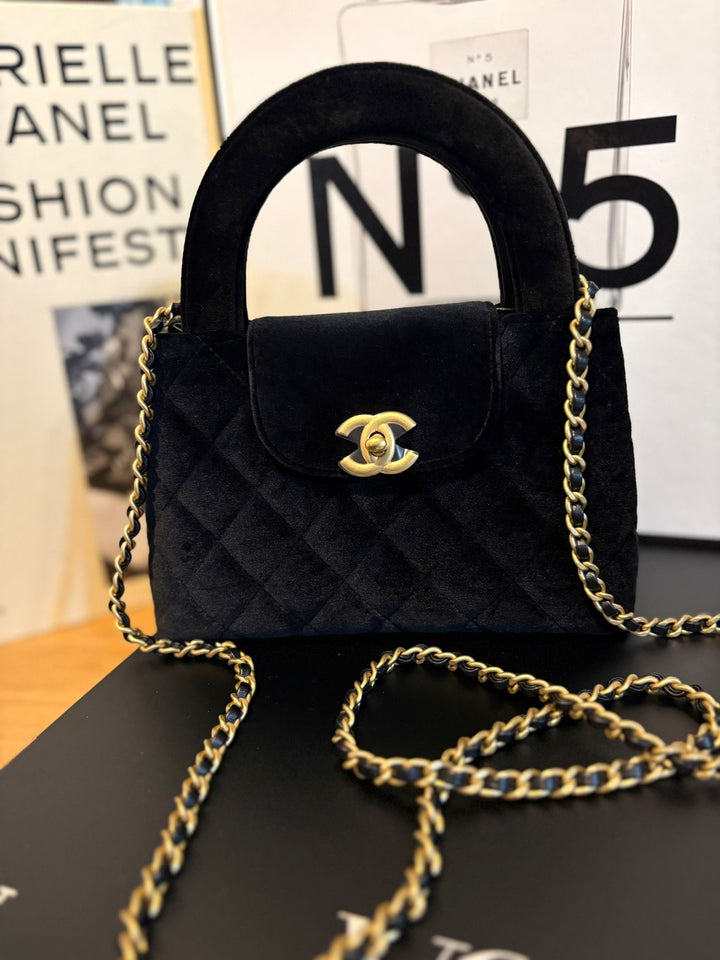 CHANEL Black Velvet Kelly Shopping Bag size SMALL aged GHW 19 cms fits iPhone pro Max 2025