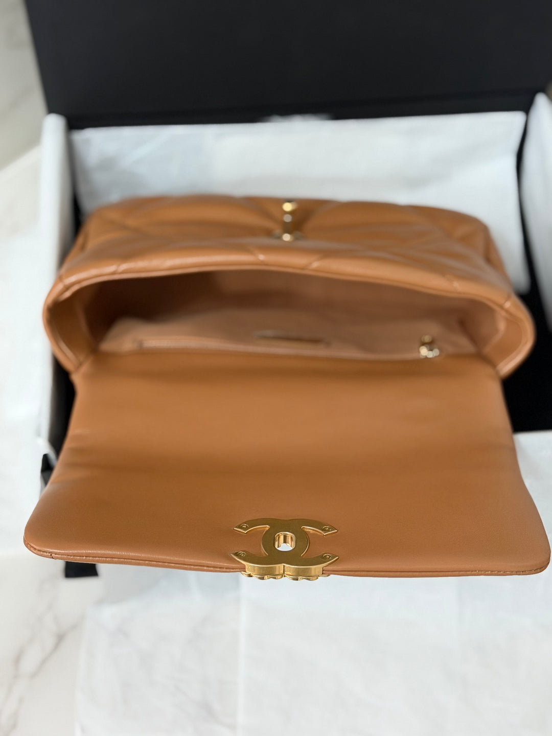 CHANEL Caramel Brown Lambskin Mixed Hardware 19 Size Small Medium Flap bag from 2022