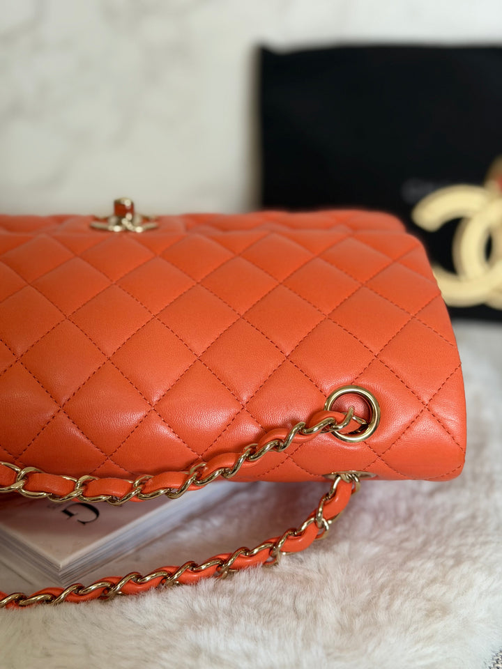 CHANEL 20S Orange Lambskin LGHW Medium ML Timeless Classic Double Flap Bag