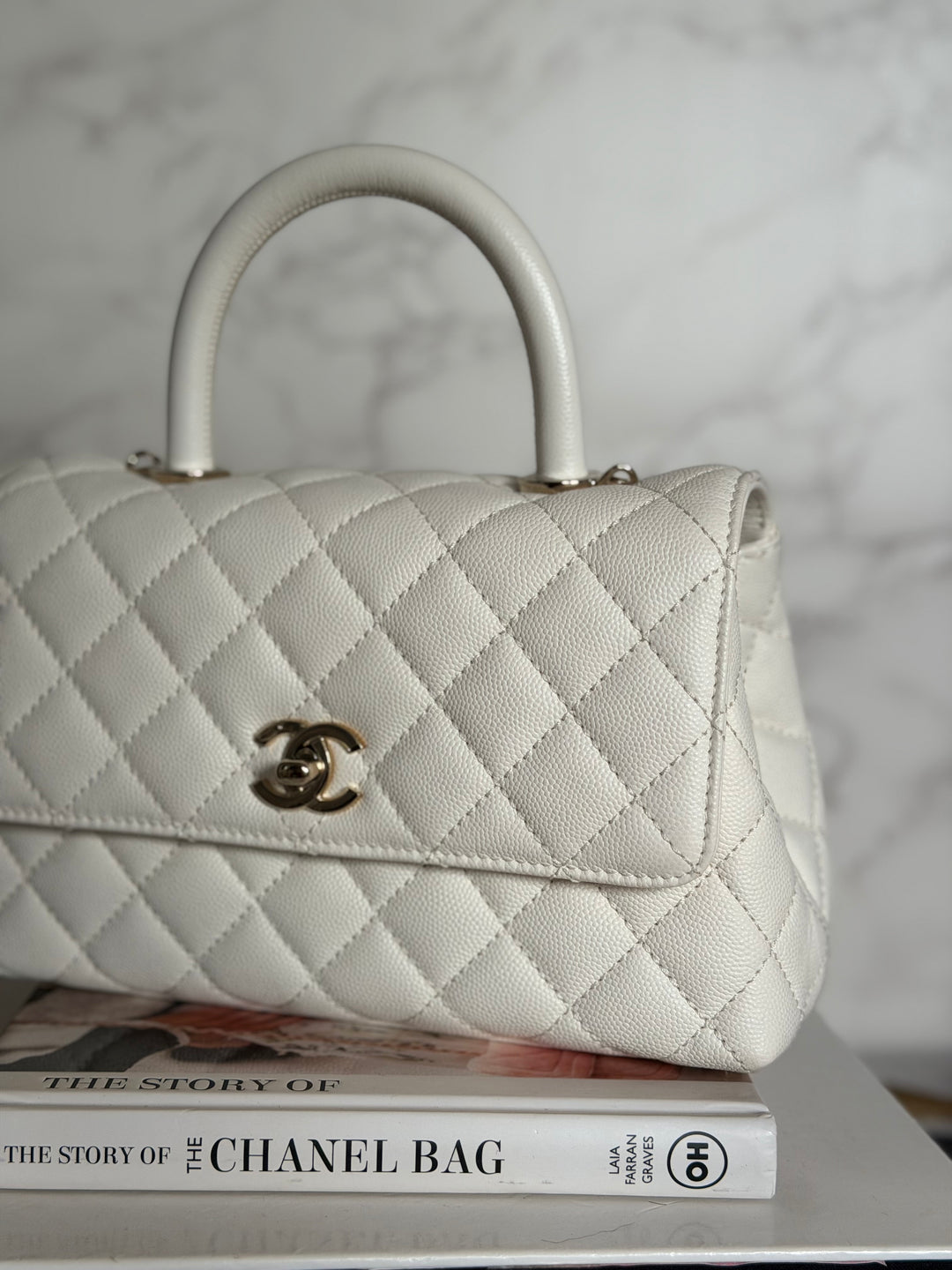 CHANEL White Caviar LGHW Coco Handle Flap Bag Size SMALL with detachable Strap Microchipped