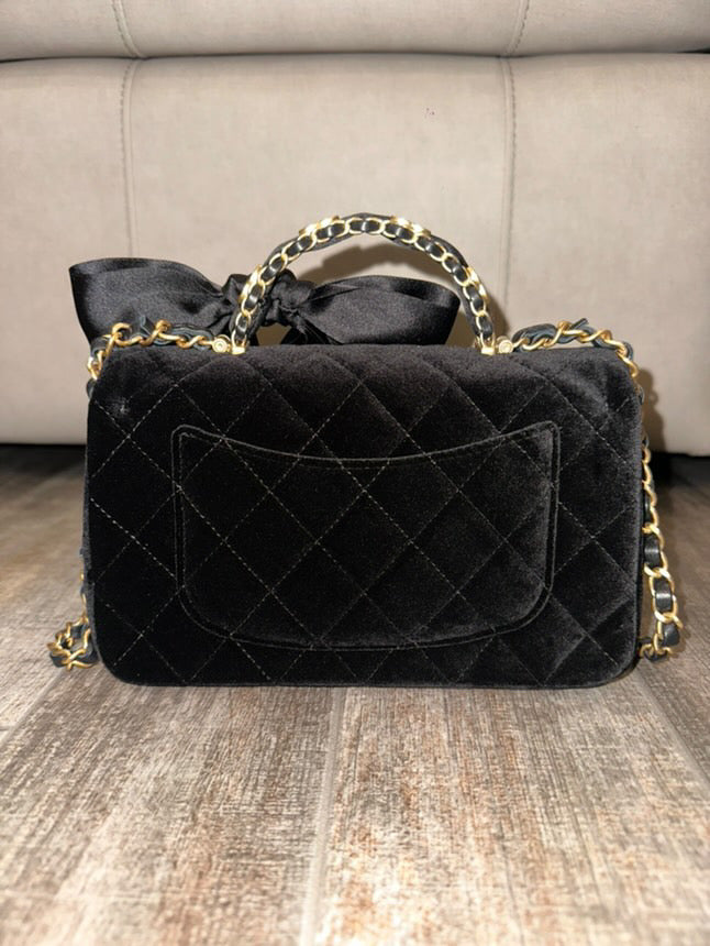 CHANEL 25K Collection 2025 Black Velvet Bow LGHW Mini Rectangular Flap Bag with Metal Top Handle