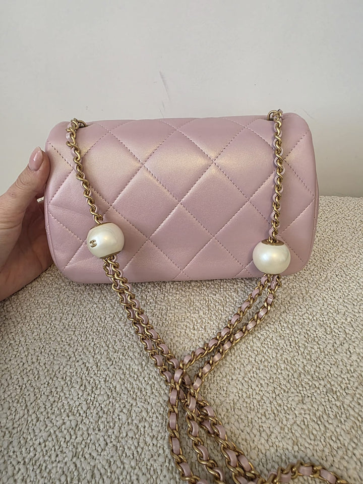 CHANEL 23S Adjustable Pearl Mini (8.25 inches) Rectangular Flap Bag with Pink Lambskin Aged GHW