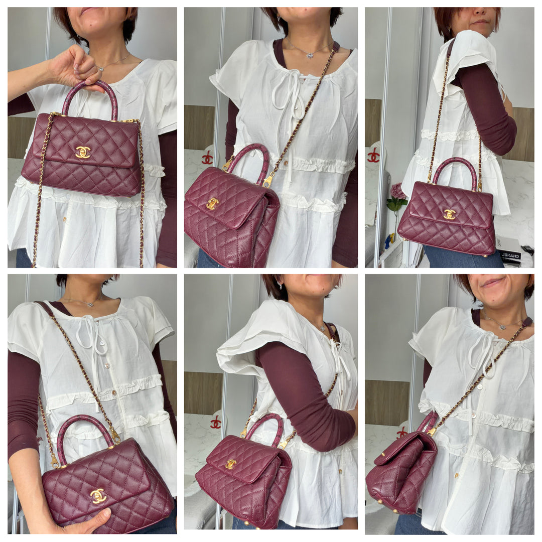 CHANEL series 26 Burgundy Caviar Aged GHW Coco Handle Flap Bag size SMALL with Pink sea snake handle 2018