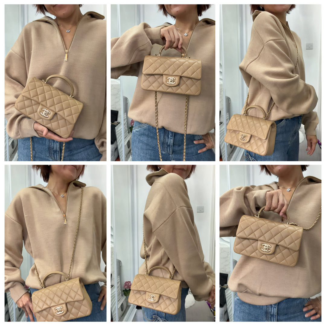 CHANEL Dark Beige Lambskin LGHW Mini Rectangular Flap Bag with Top Handle 2023